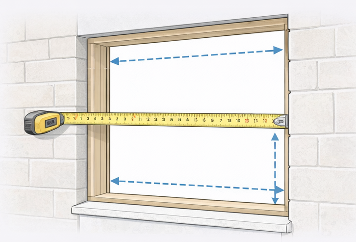 Illustration som visar hur man mäter hålmått genom att mäta väggöppningens bredd och höjd