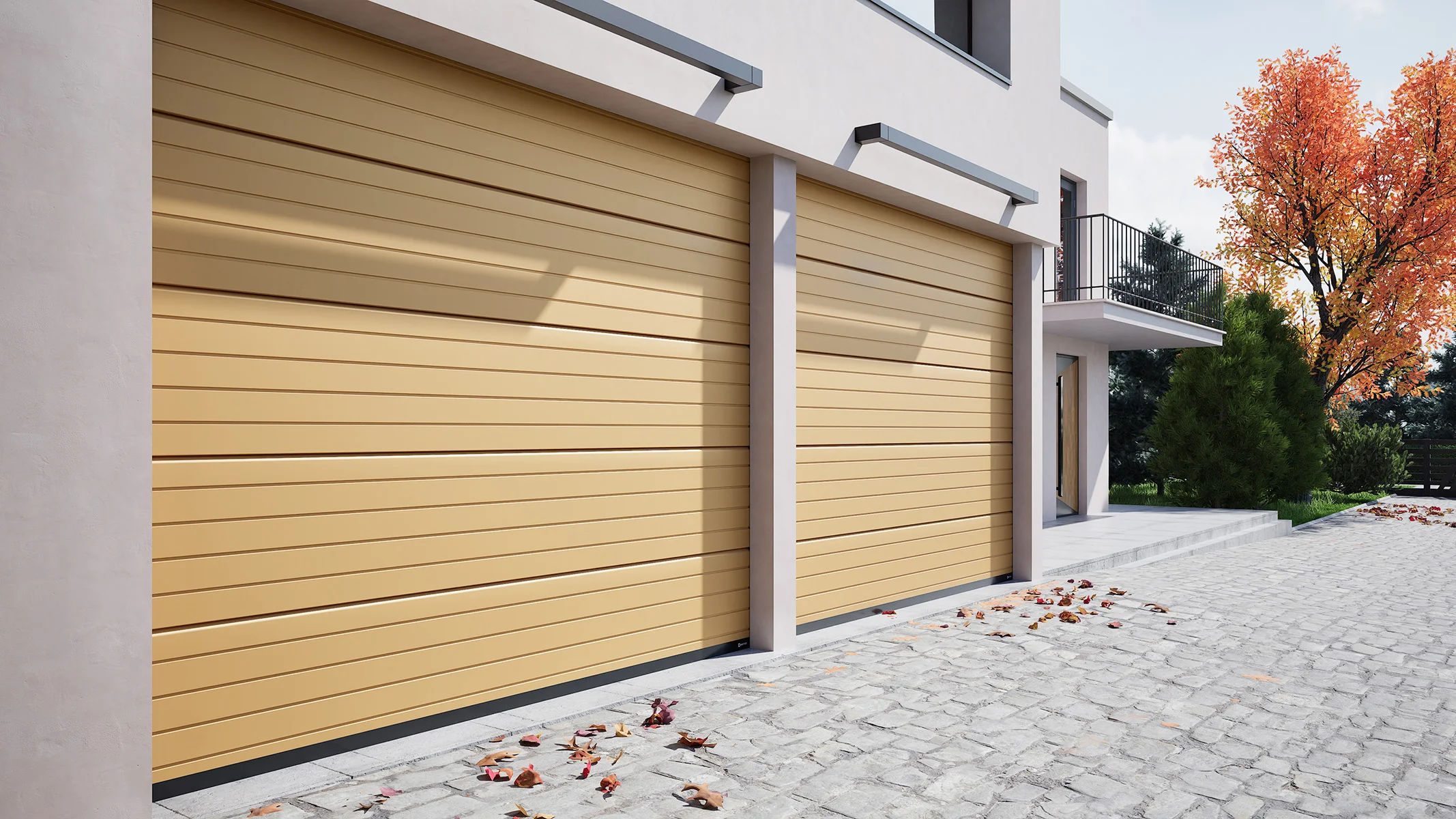 Drutex D-GATE garageport med varm kulör och panelstruktur på villa